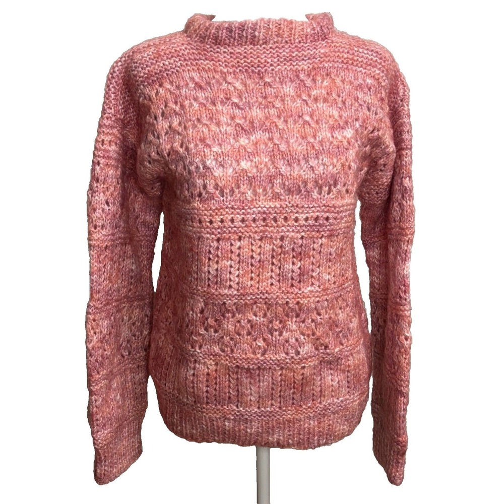 Handmade Knit Sweater Pink Pointelle Chunky Wool Blend Mock Neck‎ Boho S